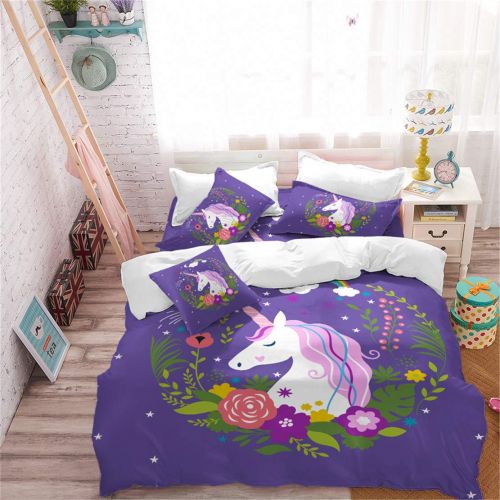  JARSON 3Piece Purple Unicorn Bedding Set Rainbow Printed Duvet Cover Set Girls Princess Cartoon Bedding Queen Size