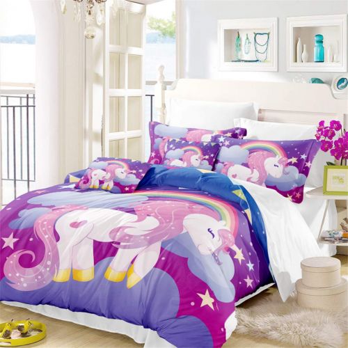  JARSON 3Piece Purple Unicorn Bedding Set Rainbow Printed Duvet Cover Set Girls Princess Cartoon Bedding Queen Size