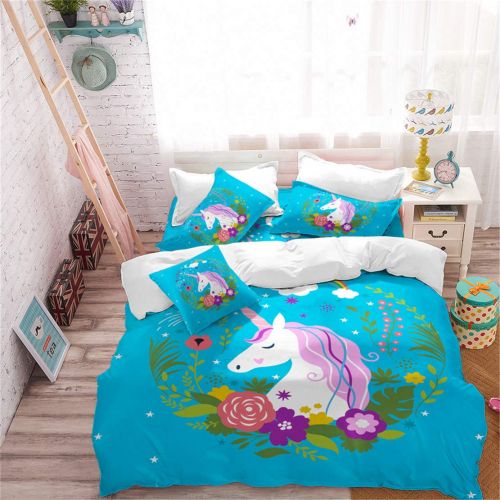  JARSON 3Piece Purple Unicorn Bedding Set Rainbow Printed Duvet Cover Set Girls Princess Cartoon Bedding Queen Size