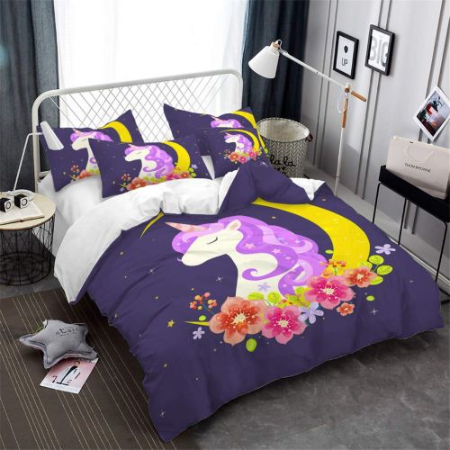  JARSON 3Piece Purple Unicorn Bedding Set Rainbow Printed Duvet Cover Set Girls Princess Cartoon Bedding Queen Size