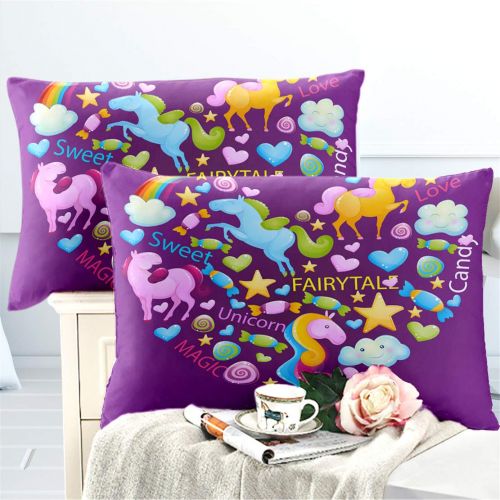  JARSON 3Piece Purple Unicorn Bedding Set Rainbow Printed Duvet Cover Set Girls Princess Cartoon Bedding Queen Size