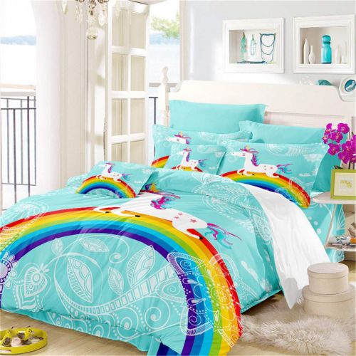  JARSON 3Piece Purple Unicorn Bedding Set Rainbow Printed Duvet Cover Set Girls Princess Cartoon Bedding Queen Size