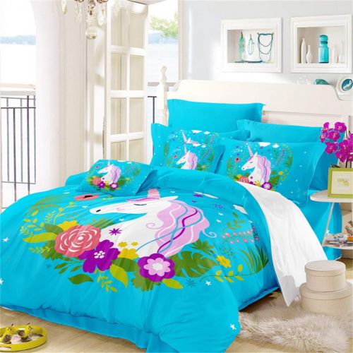  JARSON 3Piece Purple Unicorn Bedding Set Rainbow Printed Duvet Cover Set Girls Princess Cartoon Bedding Queen Size