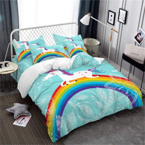  JARSON 3Piece Purple Unicorn Bedding Set Rainbow Printed Duvet Cover Set Girls Princess Cartoon Bedding Queen Size