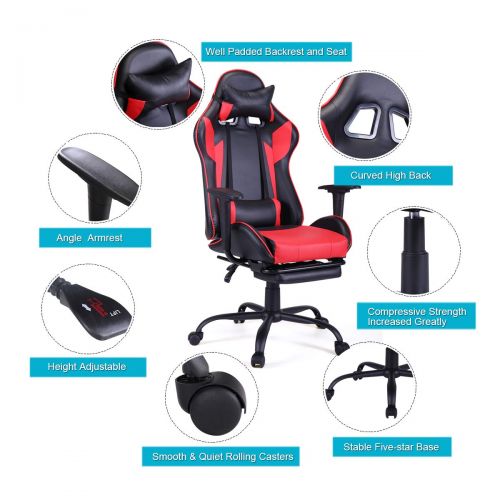  JAXPETY Red Adjustable Gaming Racing Chair Computer Office Recliner High Back Seat Leather Swivel wFootrest