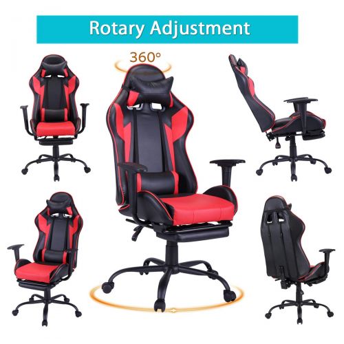  JAXPETY Red Adjustable Gaming Racing Chair Computer Office Recliner High Back Seat Leather Swivel wFootrest