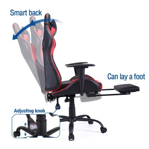  JAXPETY Red Adjustable Gaming Racing Chair Computer Office Recliner High Back Seat Leather Swivel wFootrest