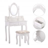 JAXPETY 4 Drawers Classic Vanity Table Set with Mirror and Cushioned Stool Makeup Dressing Table Organizer Bedroom, White
