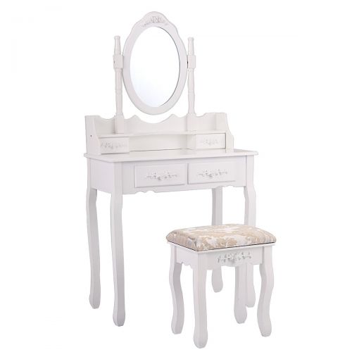  JAXPETY 4 Drawers Classic Vanity Table Set with Mirror and Cushioned Stool Makeup Dressing Table Organizer Bedroom, White