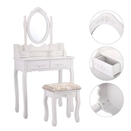  JAXPETY 4 Drawers Classic Vanity Table Set with Mirror and Cushioned Stool Makeup Dressing Table Organizer Bedroom, White