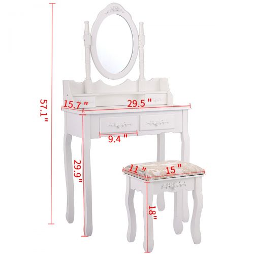  JAXPETY 4 Drawers Classic Vanity Table Set with Mirror and Cushioned Stool Makeup Dressing Table Organizer Bedroom, White