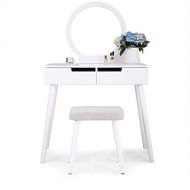 JAXPETY White Dressing Table Makeup Vanity Jewelry Organizer Desk w/Round Mirror and Stool