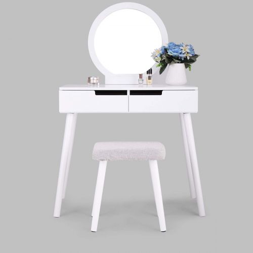  JAXPETY White Dressing Table Makeup Vanity Jewelry Organizer Desk w/Round Mirror and Stool