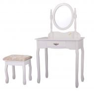 JAXPETY Vanity Wood Makeup Dressing Table Stool & Mirror Set White Finish
