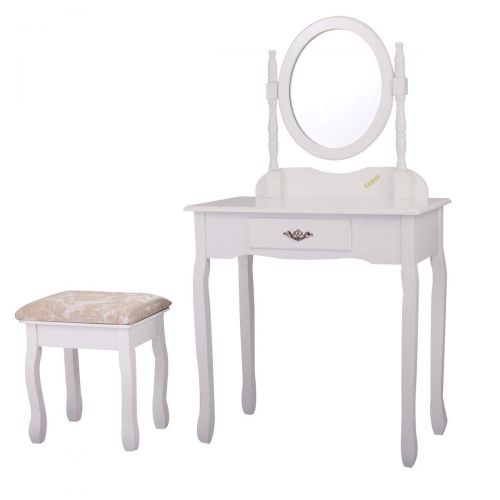  JAXPETY Vanity Wood Makeup Dressing Table Stool & Mirror Set White Finish