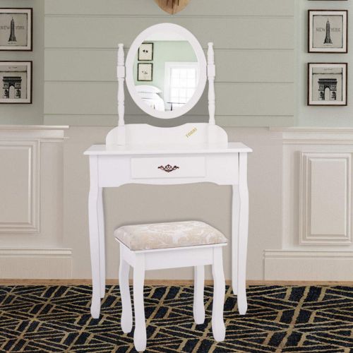  JAXPETY Vanity Wood Makeup Dressing Table Stool & Mirror Set White Finish