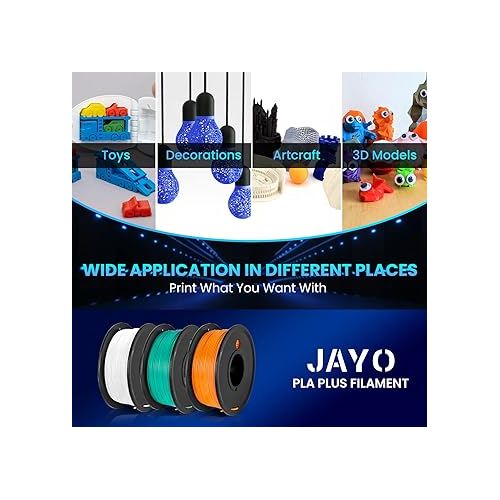  JAYO PLA+ Filament Bundle 1.75mm, 3D Printer Filament Bundle Multicolor, Individually Vacuum Packed, 250g Spool, 10 Pack, 2.5KG in Total, Black+White+Grey+Clear+Blue+Red+Green+Yellow+Orange+Wood Color