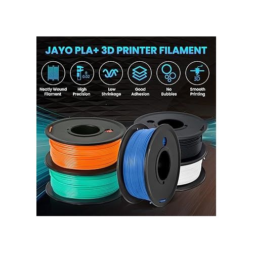  JAYO PLA+ Filament Bundle 1.75mm, 3D Printer Filament Bundle Multicolor, Individually Vacuum Packed, 250g Spool, 10 Pack, 2.5KG in Total, Black+White+Grey+Clear+Blue+Red+Green+Yellow+Orange+Wood Color