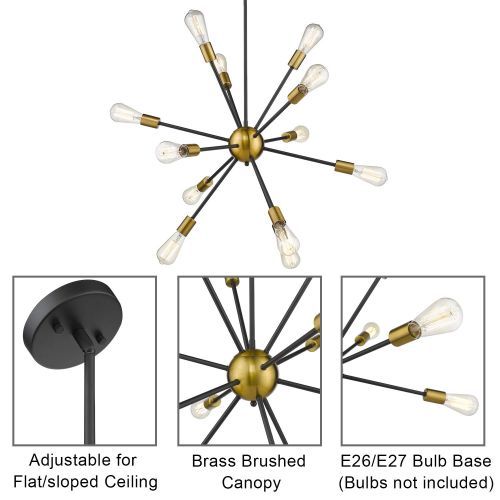  JAZAVA Jazava Modern Sputnik Chandelier, 12-Light Starburst Pendant Lighting, Mid-Century Hanging Light Fixture, Black & Brass Brushed