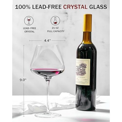  JBHO Set of 4-21 Ounce Hand Blown Italian Style Crystal Burgundy Wine Glasses - Lead-Free Premium Crystal Clear Glass - Gift-Box for any Occasion