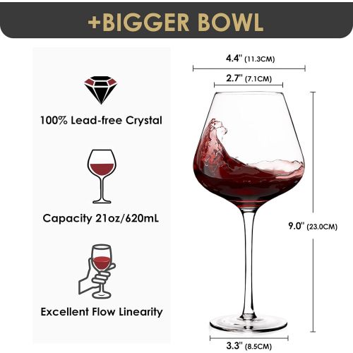  [아마존베스트]JBHome Hand Blown Italian Style Crystal Burgundy Wine Glasses - Lead-Free Premium Crystal Clear Glass - Set of 2 - 21 Ounce - Gift-Box for any Occasion