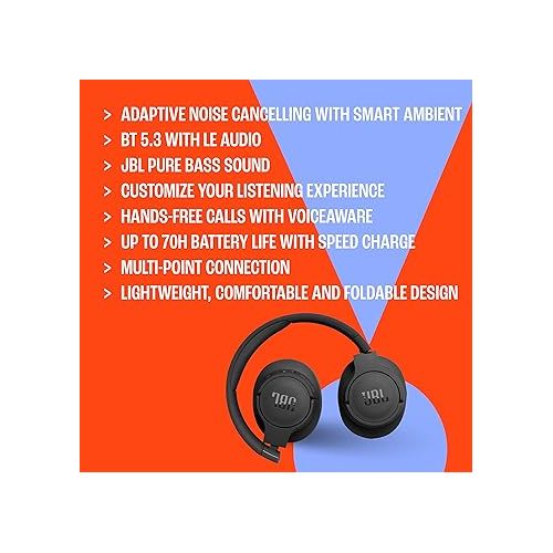 제이비엘 JBL Tune 770NC - Adaptive Noise Cancelling with Smart Ambient Wireless Over-Ear Headphones, Bluetooth 5.3, Up to 70H Battery Life with Speed Charge, Lightweight, Comfortable & Foldable Design (Black)