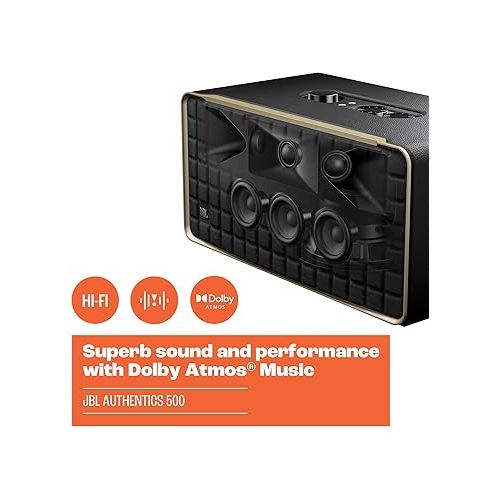 제이비엘 JBL Authentics 500 - Retro Style Home Speaker with Bluetooth, Voice Control, and Dolby Atmos, Multi Room Playback, Built in Alexa and Google Assistant, Automatic self tuning