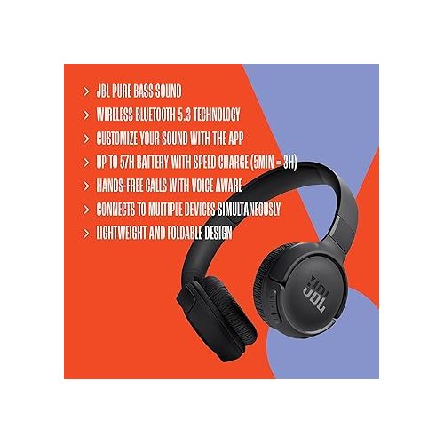 제이비엘 JBL Tune 520BT - Wireless On-Ear Headphones, Up to 57H battery life and speed charge, Lightweight, comfortable and foldable design, Hands-free calls with Voice Aware (Blue)