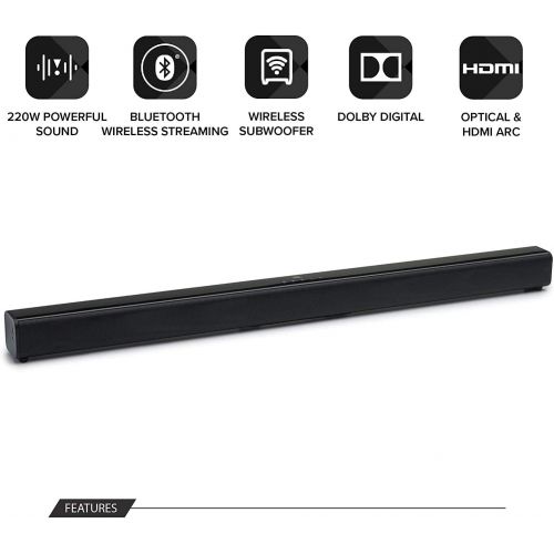 제이비엘 JBL Cinema SB160 2.1 Channel 220 Watt Wireless Bluetooth Music Streaming HDMI ARC Soundbar with Wireless Subwoofer Bundled with Earbuds