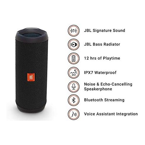 제이비엘 JBL Flip 4, Black - Waterproof, Portable & Durable Bluetooth Speaker - Up to 12 Hours of Wireless Streaming - Includes Noise-Cancelling Speakerphone, Voice Assistant & JBL Connect+