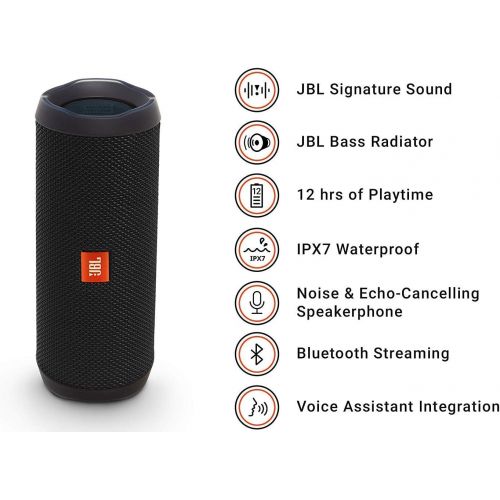 제이비엘 JBL Flip 4, Black - Waterproof, Portable & Durable Bluetooth Speaker - Up to 12 Hours of Wireless Streaming - Includes Noise-Cancelling Speakerphone, Voice Assistant & JBL Connect+