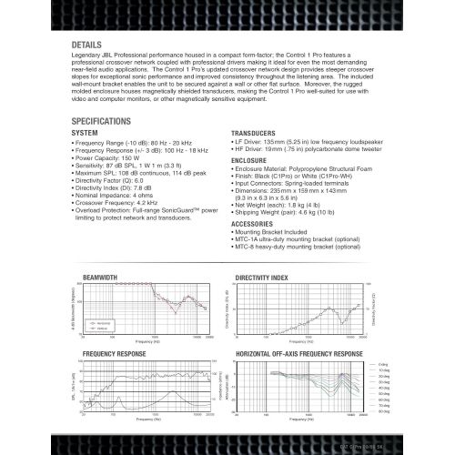 제이비엘 JBL Professional C1PRO High Performance 2-Way Professional Compact Loudspeaker System, Black , Sold as Pair, 9.30 x 6.30 x 5.60 inches
