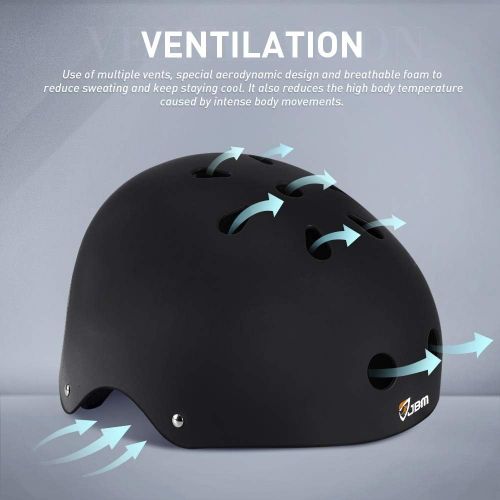  JBM international EPS foam Impact resistance & Ventilation Skateboard Helmet for Multi-sports, Small - Black