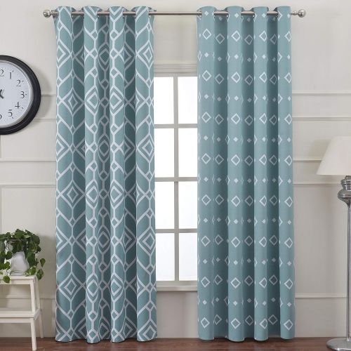  Jack&Catherine Reversible Print Blackout Curtains Moroccan Thermal Insulated Curtain for Living Room, 52 x 84 inch, Teal, Set of 2 Panels