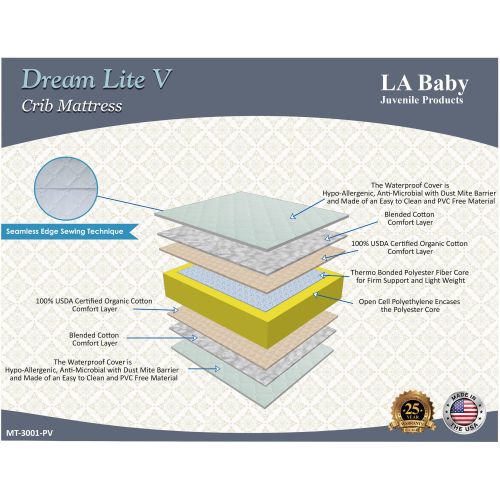  L.A. Baby LA Baby Dream Lite V Crib Mattress with Organic Cotton Layer and Seamless Edge, White
