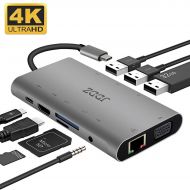 JDDZ USB C Hub Adapter, 10 in 1 Aluminum Thunderbolt 3 Type C Hub with 4K HDMI Output, USB 3.0, VGA, SD&TF Card Reader, 3.5mm Audio/Mic, Gigabit Ethernet, Type C Charger Port for MacBoo