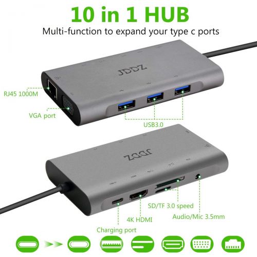  JDDZ USB C Hub Adapter, 10 in 1 Aluminum Thunderbolt 3 Type C Hub with 4K HDMI Output, USB 3.0, VGA, SD&TF Card Reader, 3.5mm Audio/Mic, Gigabit Ethernet, Type C Charger Port for MacBoo