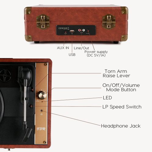  JDR Record Player Vinyl Bluetooth Turntable with Speakers 3-Speed Portable Suitcase Vintage Phonograph as Gift for Music Lovers Parents Friends?Audio SoundUSB Recorder?AUX inExtra