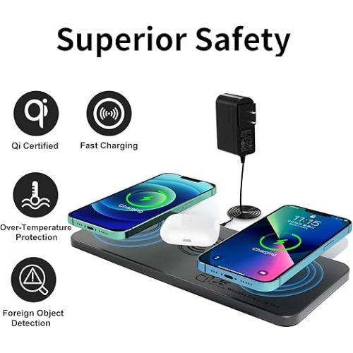  Triple Wireless Charger Pad - 15W Fast Charging Station for Apple iPhone 15/14/13/12 Pro/Max/Plus, AirPods, Qi-Certified 3-in-1 Charging Mat for Multiple Devices One-Step Wireless Charging Solution