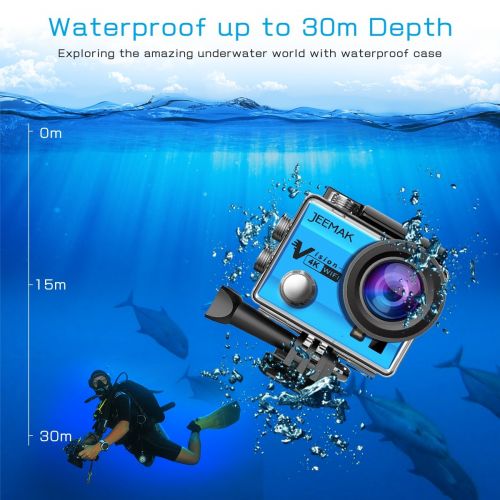  JEEMAK Action Cam 4K UHD 20MP Sport Kamera WiFi 170 ° Wasserdichte Actionkamera 40m Unterwasserkamera mit 2 Wiederaufladbare Batterien und viel Zubehoer (Blue)