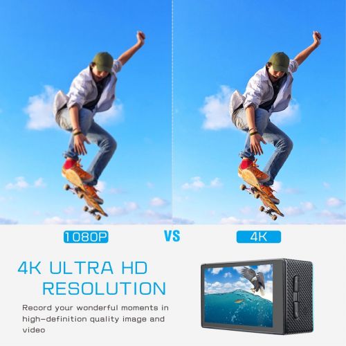  JEEMAK Action Cam 4K UHD 20MP Sport Kamera WiFi 170 ° Wasserdichte Actionkamera 40m Unterwasserkamera mit 2 Wiederaufladbare Batterien und viel Zubehoer (Blue)