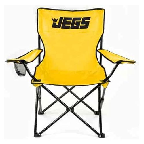  JEGS Folding Chair Yellow Canvas With Black JEGS Logo Black Powder Coated Frame Capacity 250 LBS Total Height 36” Includes Mesh Cup Holder And Storage Bag With Strap