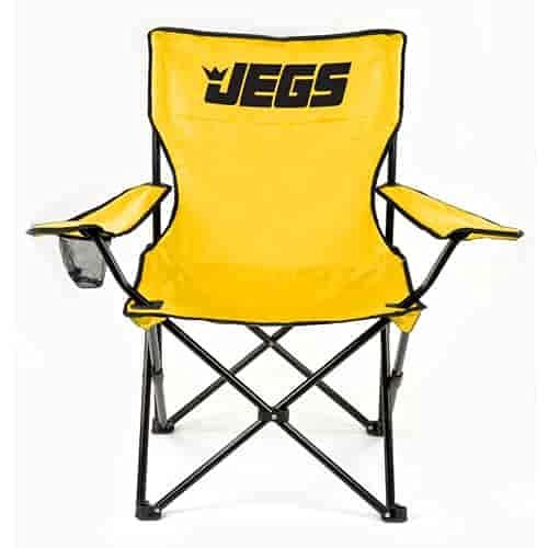  JEGS Folding Chair Yellow Canvas With Black JEGS Logo Black Powder Coated Frame Capacity 250 LBS Total Height 36” Includes Mesh Cup Holder And Storage Bag With Strap