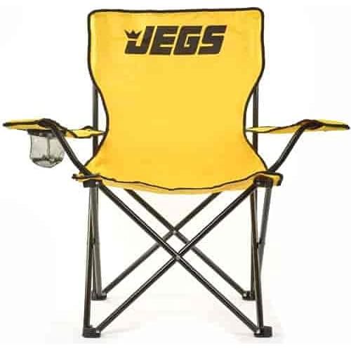  JEGS Folding Chair Yellow Canvas With Black JEGS Logo Black Powder Coated Frame Capacity 250 LBS Total Height 36” Includes Mesh Cup Holder And Storage Bag With Strap