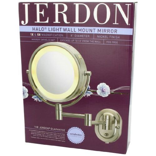  Jerdon HL65N 8-Inch Lighted Wall Mount Makeup Mirror with 5x Magnification, Nickel Finish