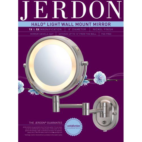  Jerdon HL65N 8-Inch Lighted Wall Mount Makeup Mirror with 5x Magnification, Nickel Finish