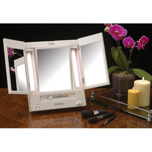  Jerdon Tri-Fold Two-Sided Lighted Makeup Mirror with 5x Magnification, White Finish