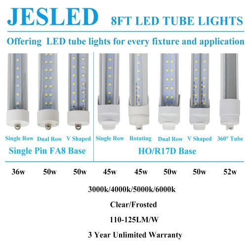  JESLED T8/T10/T12 8FT LED Tube Light, Single Pin FA8 Base, 50W 6000LM, 5000K Daylight, JESLED 96 Dual Row LED Fluorescent Bulbs (130W Replacement), Clear Cover, Dual-Ended Power (B