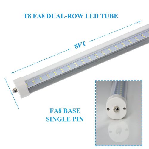  JESLED T8/T10/T12 8FT LED Tube Light, Single Pin FA8 Base, 50W 6000LM, 5000K Daylight, JESLED 96 Dual Row LED Fluorescent Bulbs (130W Replacement), Clear Cover, Dual-Ended Power (B