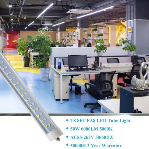  JESLED T8/T10/T12 8FT LED Tube Light, Single Pin FA8 Base, 50W 6000LM, 5000K Daylight, JESLED 96 Dual Row LED Fluorescent Bulbs (130W Replacement), Clear Cover, Dual-Ended Power (B